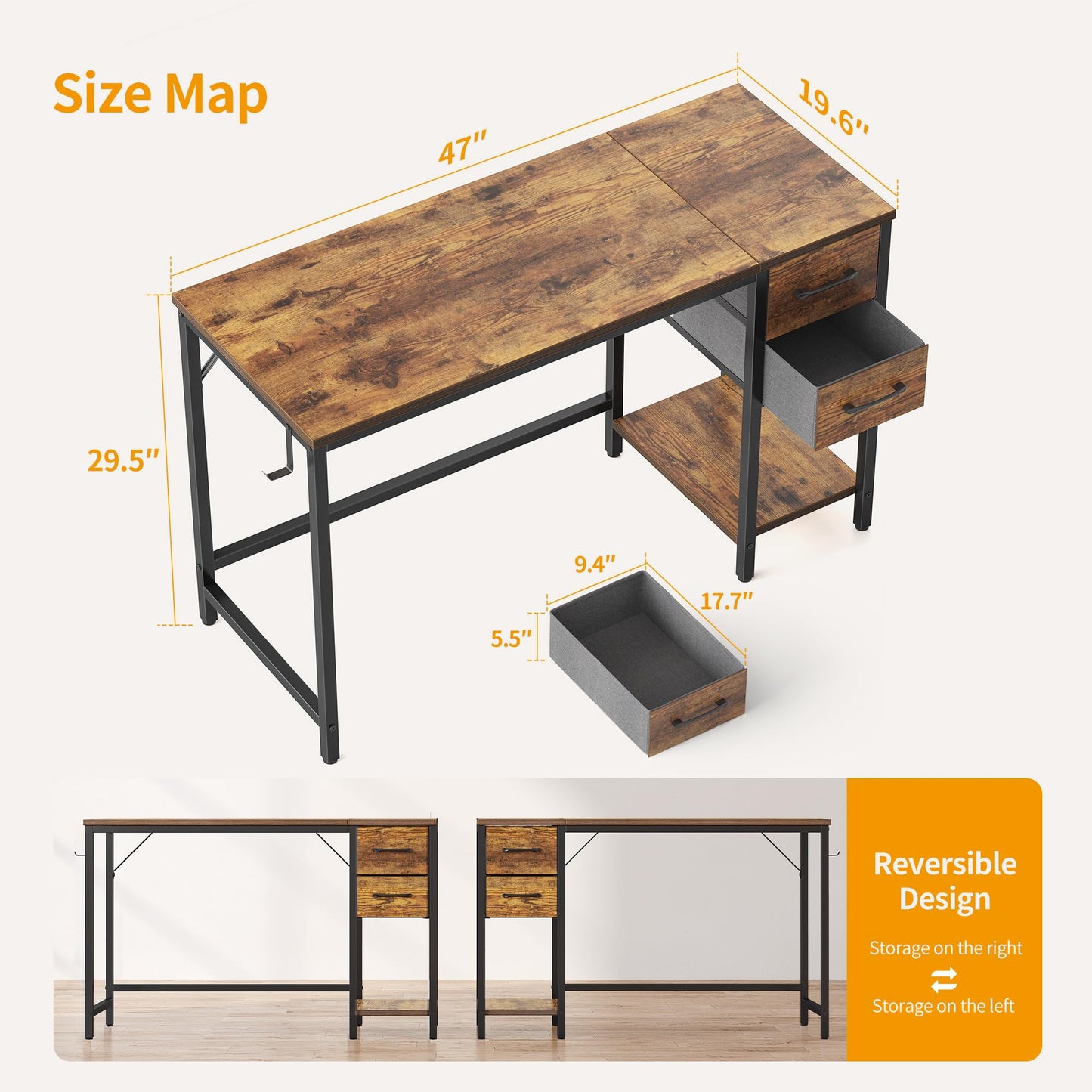 CubiCubi Computer Desk with 2 Drawers, 47 Inch Small Home Office Desk Study Writing Table, Rustic Brown
