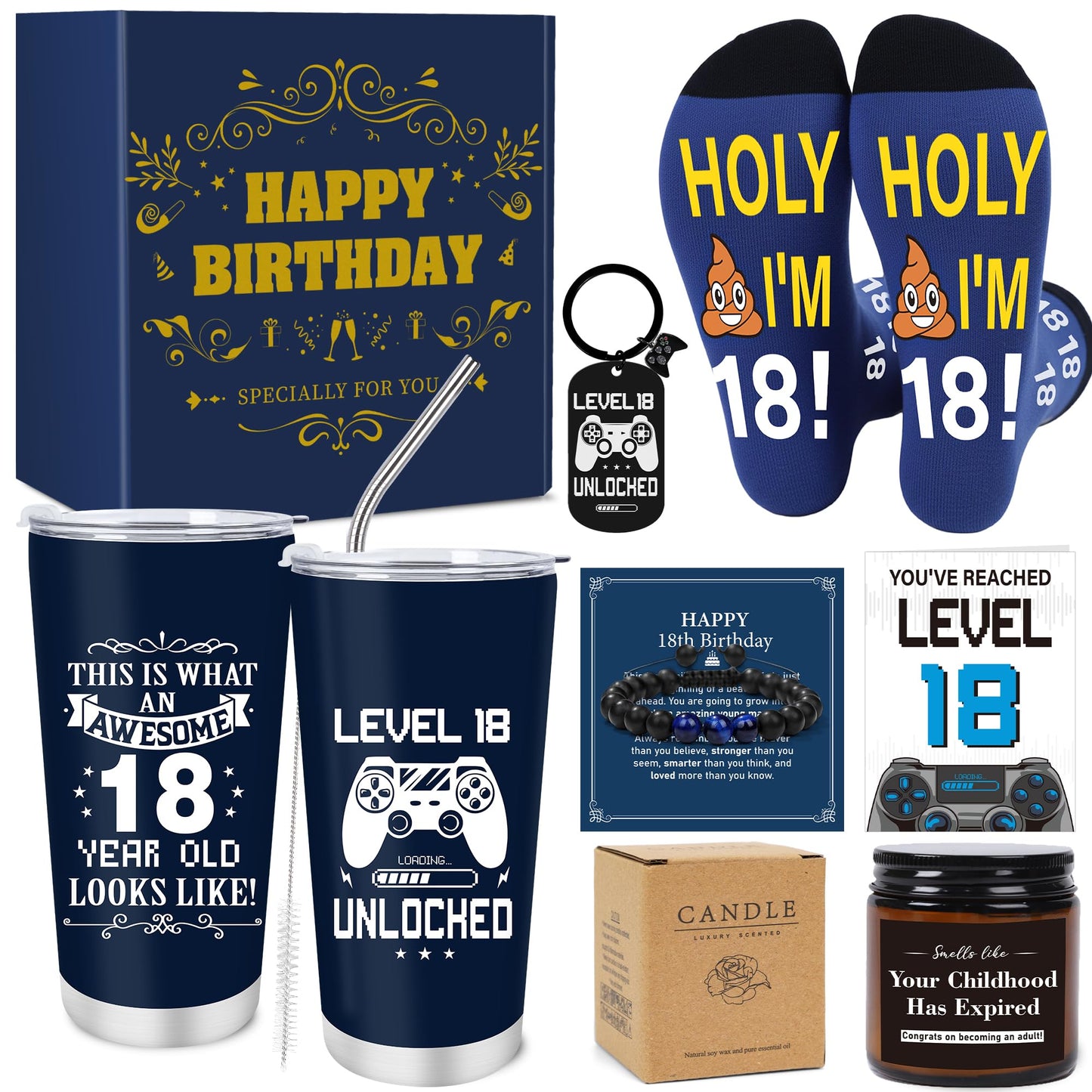 Keluna 18th Birthday Gifts for Boys - 18 Year Old Boy Birthday Gifts Idea with 20 Oz Tumbler, Bracelet, Socks, Keychain, Greeting Card for Son, Nephew, Grandson, Brother, Boyfriend Christmas Holiday