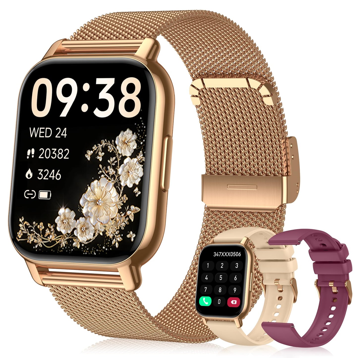Kriutefy Smart Watch for Women (3 Bands), Fitness Tracker with Bluetooth Calls, IPX8 Waterproof Smartwatch for Android iPhone, 112+ Sport Modes, Heart Rate/Sleep/SpO2 Monitor, Gold