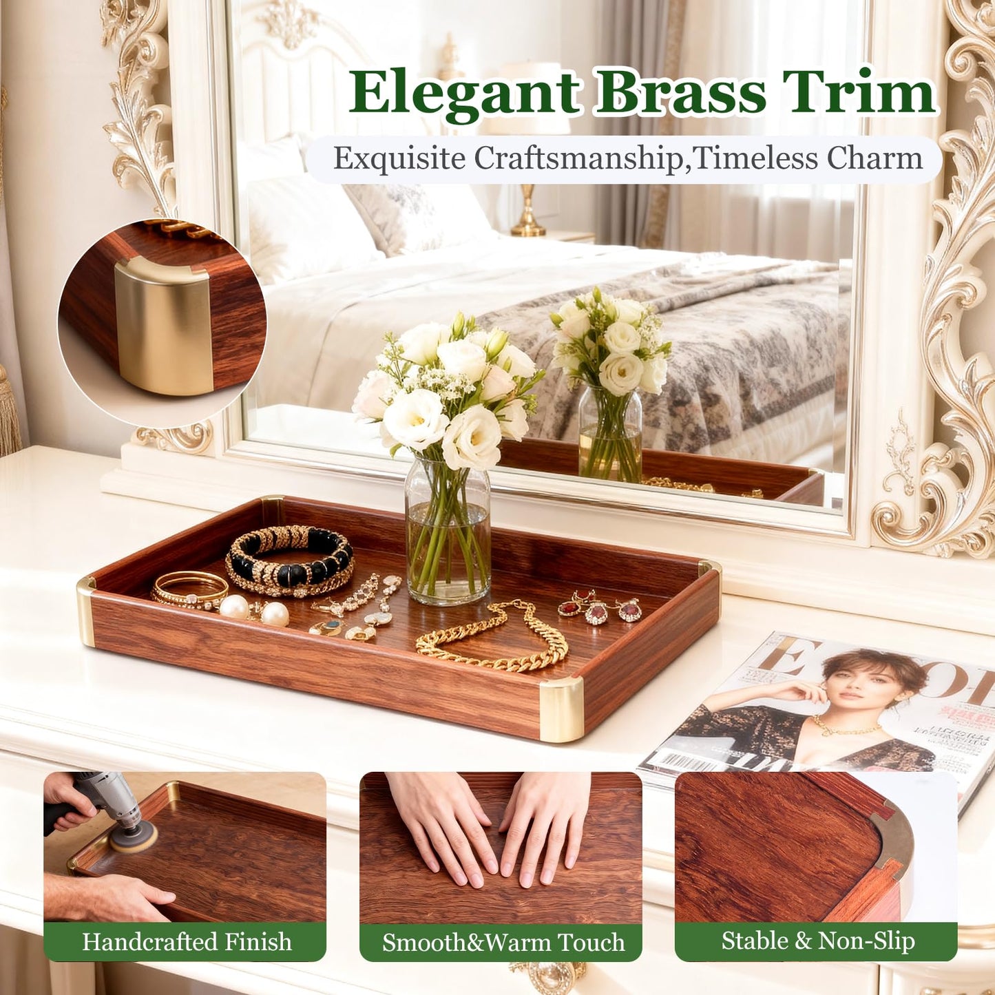 Bubinga Wood Serving Tray, 14.5"x9.8" Decorative Tray with Brass Corners, Luxury Home Decor for Coffee Table, Kitchen & Living Room, Housewarming Gifts for New Home, Wedding & Bridal Shower Gift