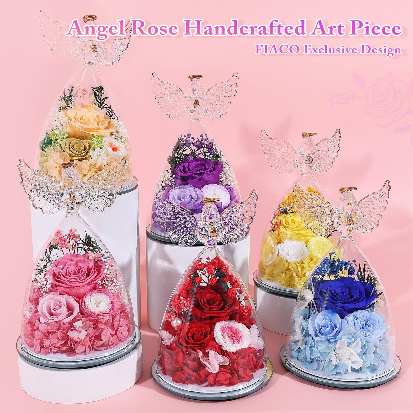 FIACO Gifts for Mom Women Birthday Preserved Rose in Glass Angel Figurine Forever Fresh Flower for Delivery, Mothers Day Flowers Gifts for Grandma Wife Daughter Pink