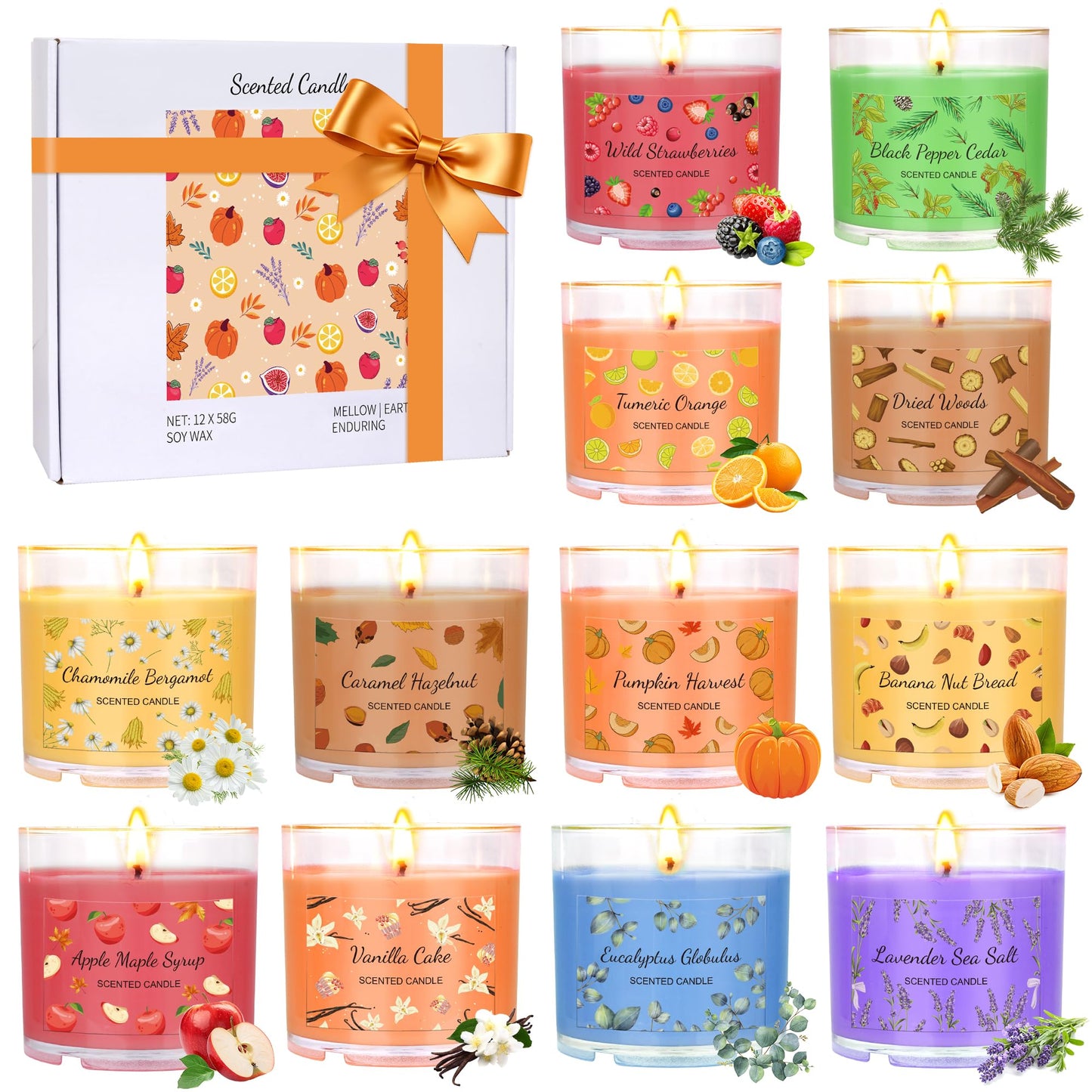 Fall Candles Bulk, 12 Pack Scented Candles for Home, Candle Set for Women, Small Soy Candles Scent of Pumpkin Vanilla Caramel Lavender, Mini Candle Gift Set for Mothers Day Birthday Christmas Birthday
