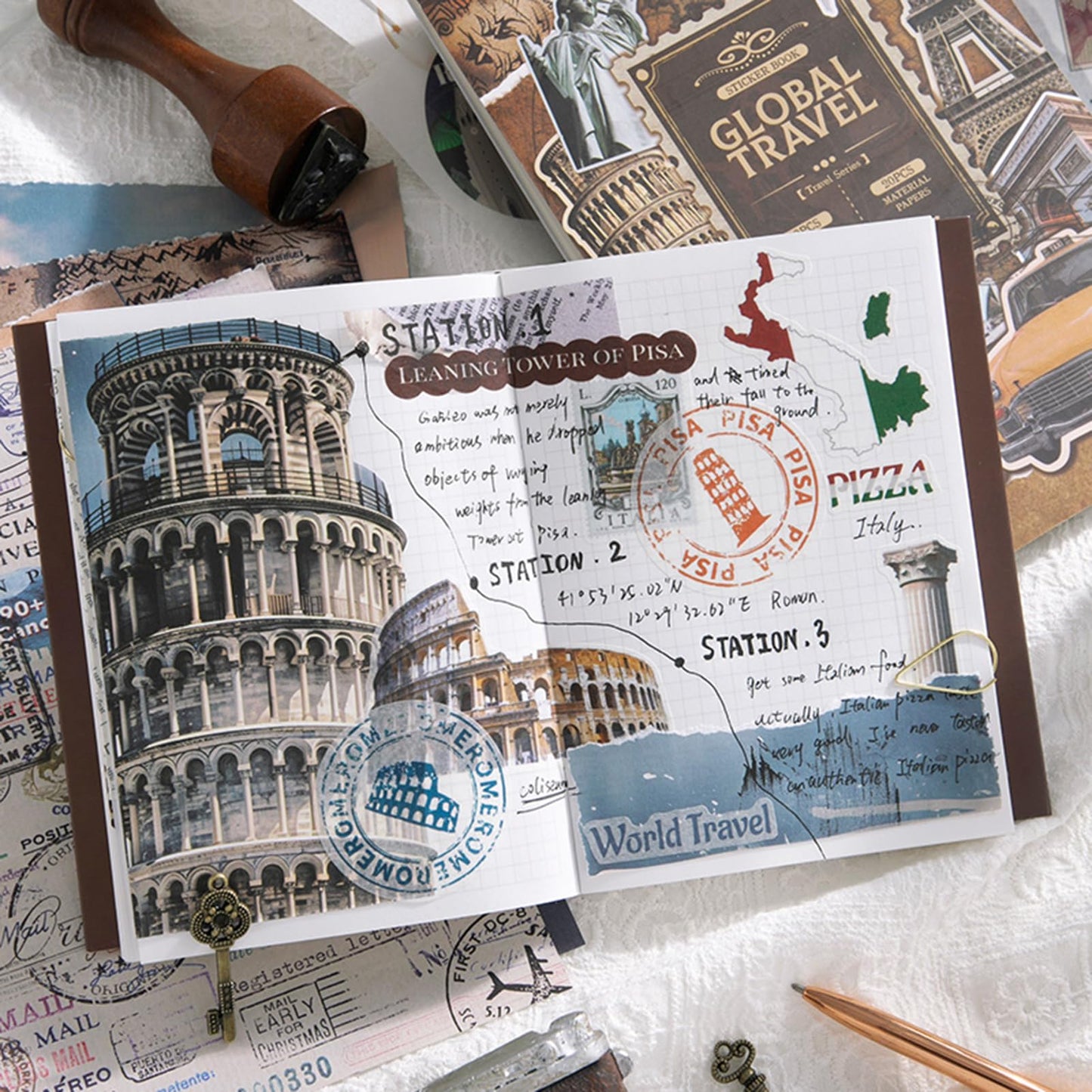 Vintage Scrapbook Stickers, Aesthetic Global Travel Sticker Book for Scrapbooking with 320+ Washi Stickers and 20 Scrapbook Papers, Journaling Supplies, Ephemera for Junk Journals DIY Arts Crafts