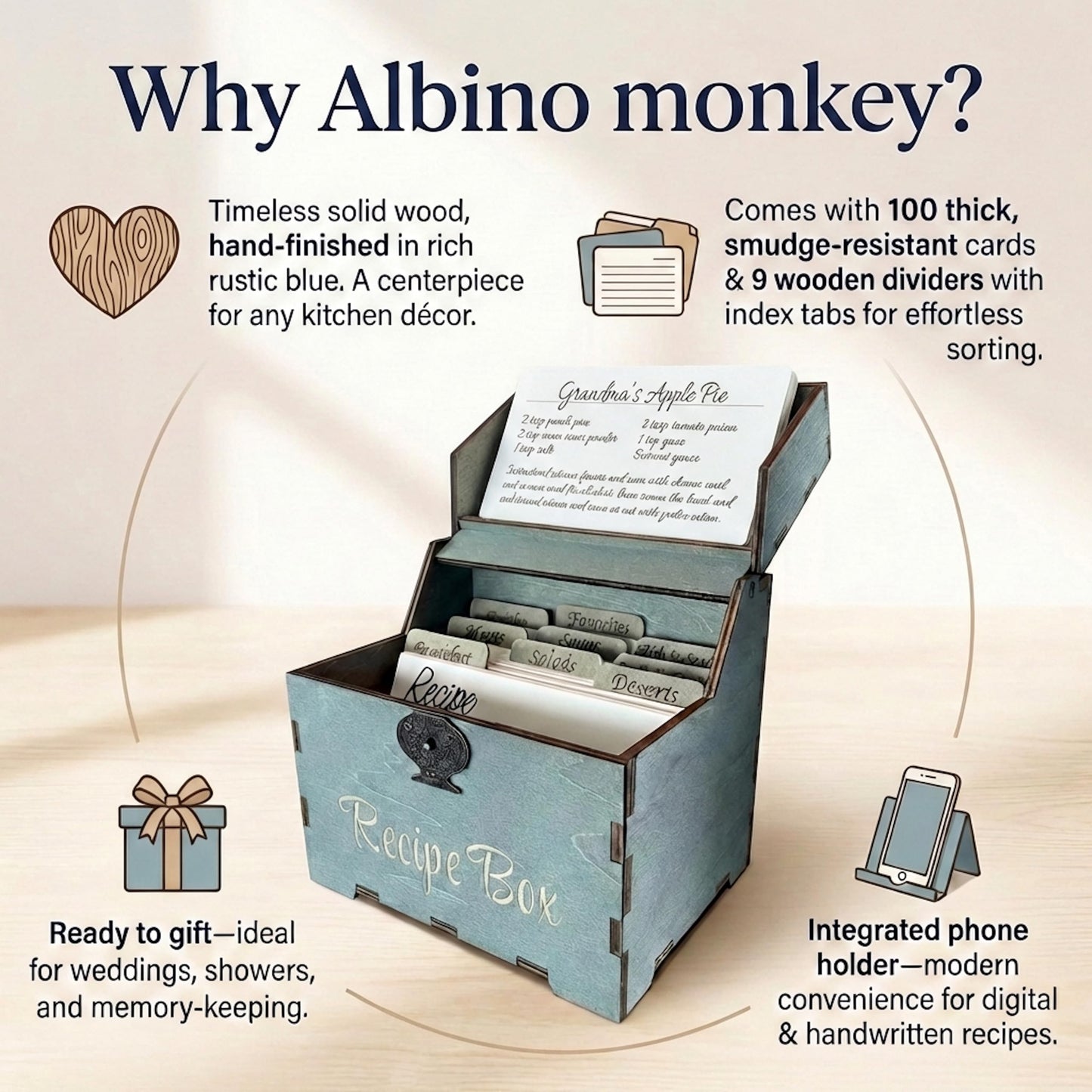 Albino monkey Wooden Recipe Box with 100 4x6 Cards and 9 Wood Dividers - Rustic Dark Teal Recipe Card Box Organizer & Family Recipe Keepsake - Bridal Shower & Housewarming Gift