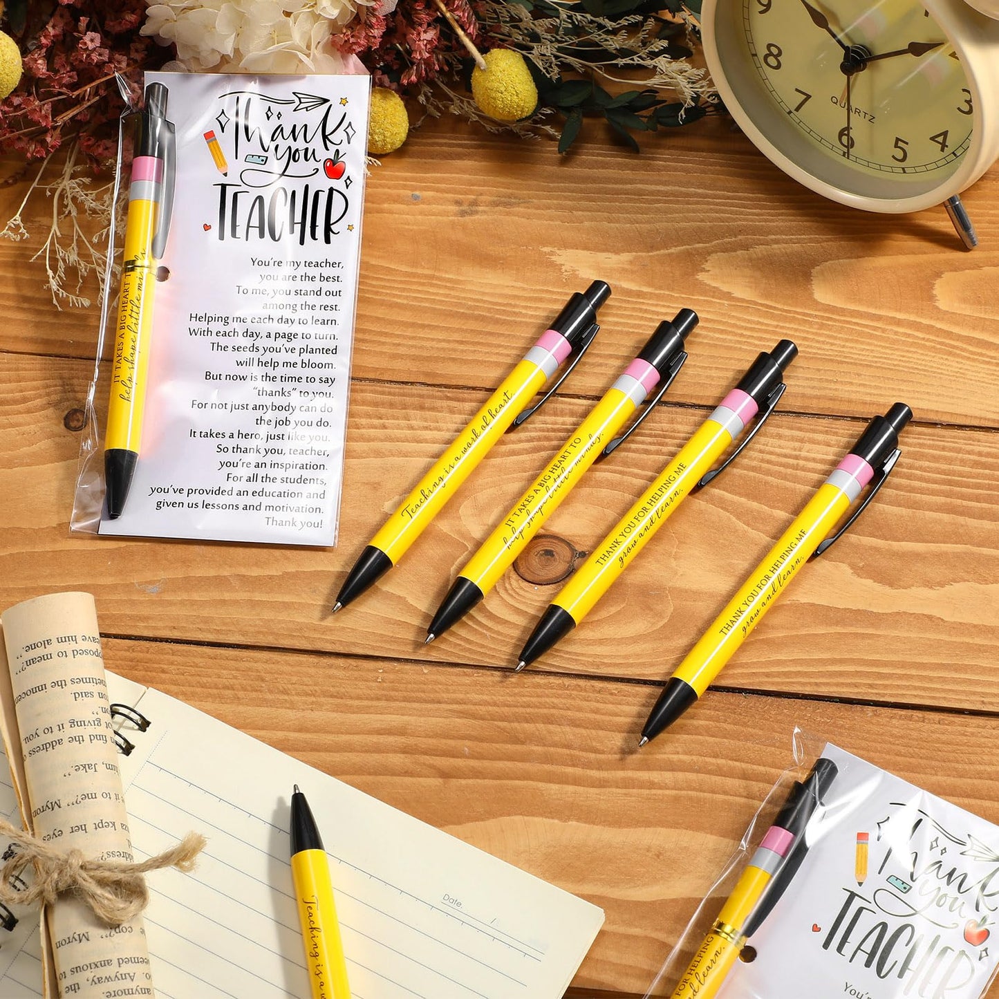 Sayglossy Teacher Appreciation Gifts Bulk Thank You Teacher Ballpoint Pens Cards and Bags Ties Small Inspirational End of School Gifts for Graduation Classroom Supplies(12 Sets)