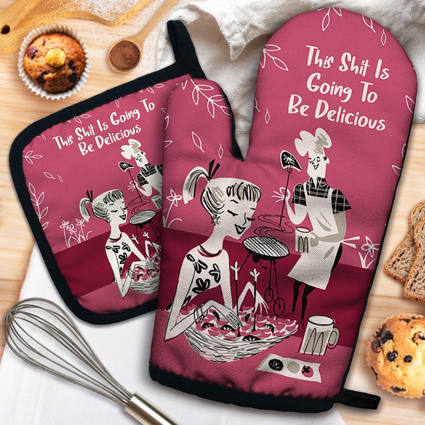 ZHANTUONE This Sxxt is Going to be Delicious Funny Heat Resistant Oven Mitts and Pot Holders Set with Silicone Non-Slip, Retro Adult Humor Cooking Baking BBQ Gadgets, Gifts for Chef Bakers Wife BFF