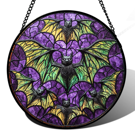 HWRHTR Stained Glass Window Hanging - Halloween Decorations Bats Suncatcher for Doors Garden Indoor Spooky Funny Purple Sun Catchers Gothic Decor Horror Gifts for Women Men Friend 6.3 in