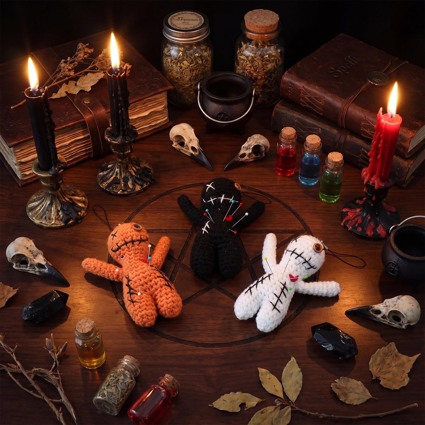 Poen 3 Pcs Voodoo Dolls Horror Doll with 30 Skull Pins, Christmas Stuffing Decoration Funny Inspirational Positive Ornaments Gifts for Friend Coworkers New Year Halloween Party Supplies (Crochet)