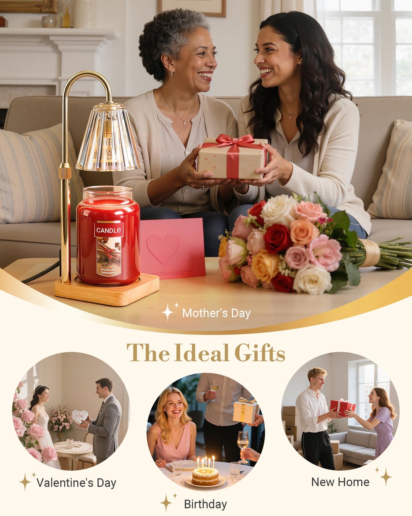 Marycele Candle Warmer Lamp with Timer & Dimmer - Mothers Day Gifts for Women Mom Her, Aesthetic Office Home Decor, Adjustable Height Wax Melter for Candle Jar & 3-Wick Candles (2 Bulbs Included)