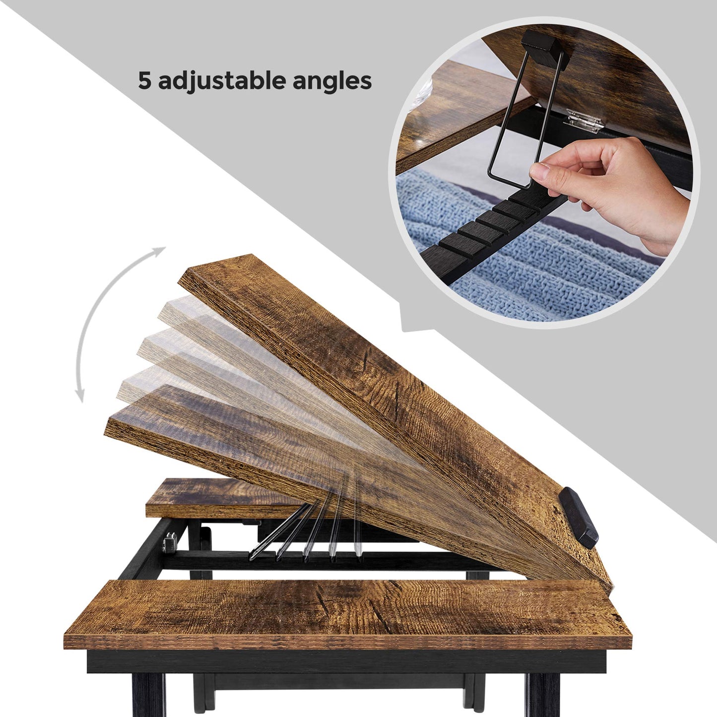 SONGMICS Laptop Desk, Bed Sofa Breakfast Tray, Adjustable Tilt Top, Right-Left Handed, Adjustable Folding Legs, Drawer, Rustic Dark Brown ULLD110B01