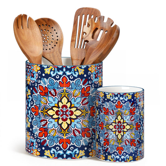 vancasso SIMI Utensil Holder, 7.3"+5.5" Porcelain Kitchen Utensil Holder for Countertop, Bohemian Kitchen Utensil Organizer for Spatulas, Spoons, Decorative Counter Utensil Crock, Twilight Bloom