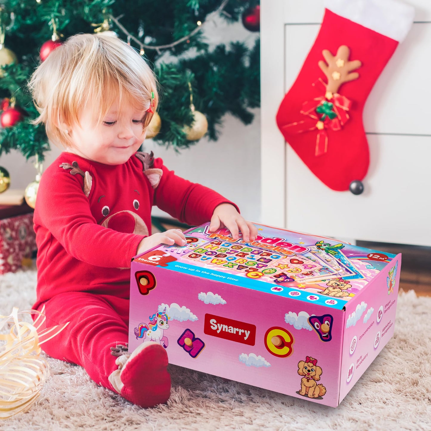 SYNARRY Wooden Puzzles for Toddlers 1-3, 6XSET Toddlers Puzzles Ages 1-3 with Rack, Learning Alphabet Number Shape Unicorn Princess Mermaid Animal, Gifts Toys for Girls Ages 2-4
