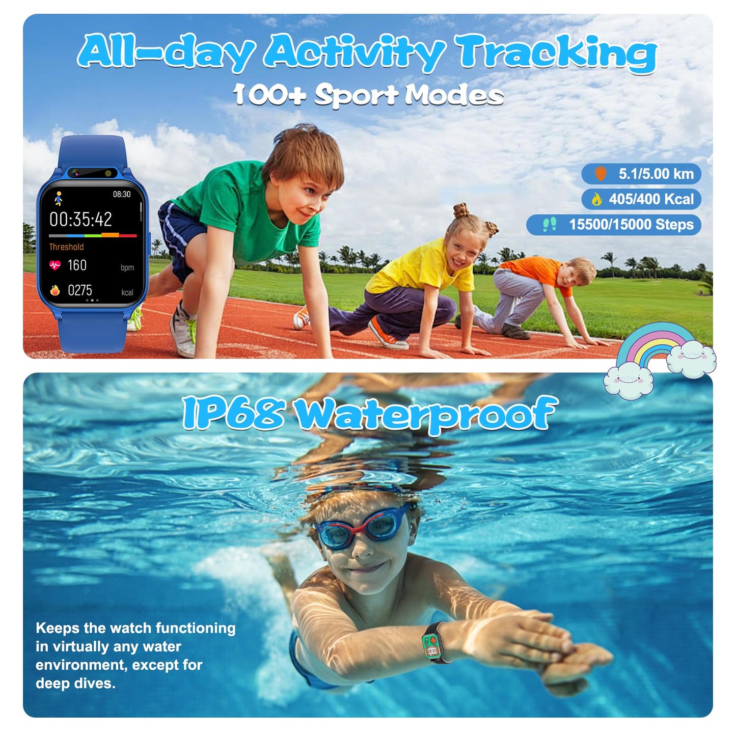 Smart Watch for Kids, 1.85" Fitness Tracker with Heart Rate, Sleep Monitor, IP68 Waterproof Smartwatches with Video Music, Pedometer, Game, NO APP/Phone, Gift for Boys Girls. (Classic, Pink)