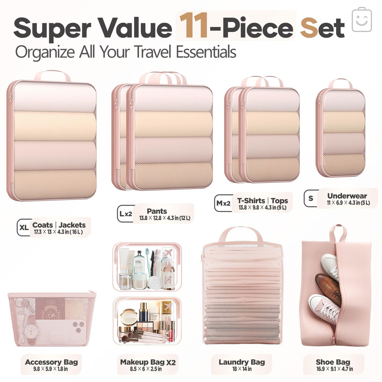 Veken 11 Set Compression Packing Cubes for Travel Essentials,Compressible Expandable Large Luggage Suitcase Organizer Bags for Clothing,Durable Space Saver Storage Bags with Toiletry Bags(Beige)