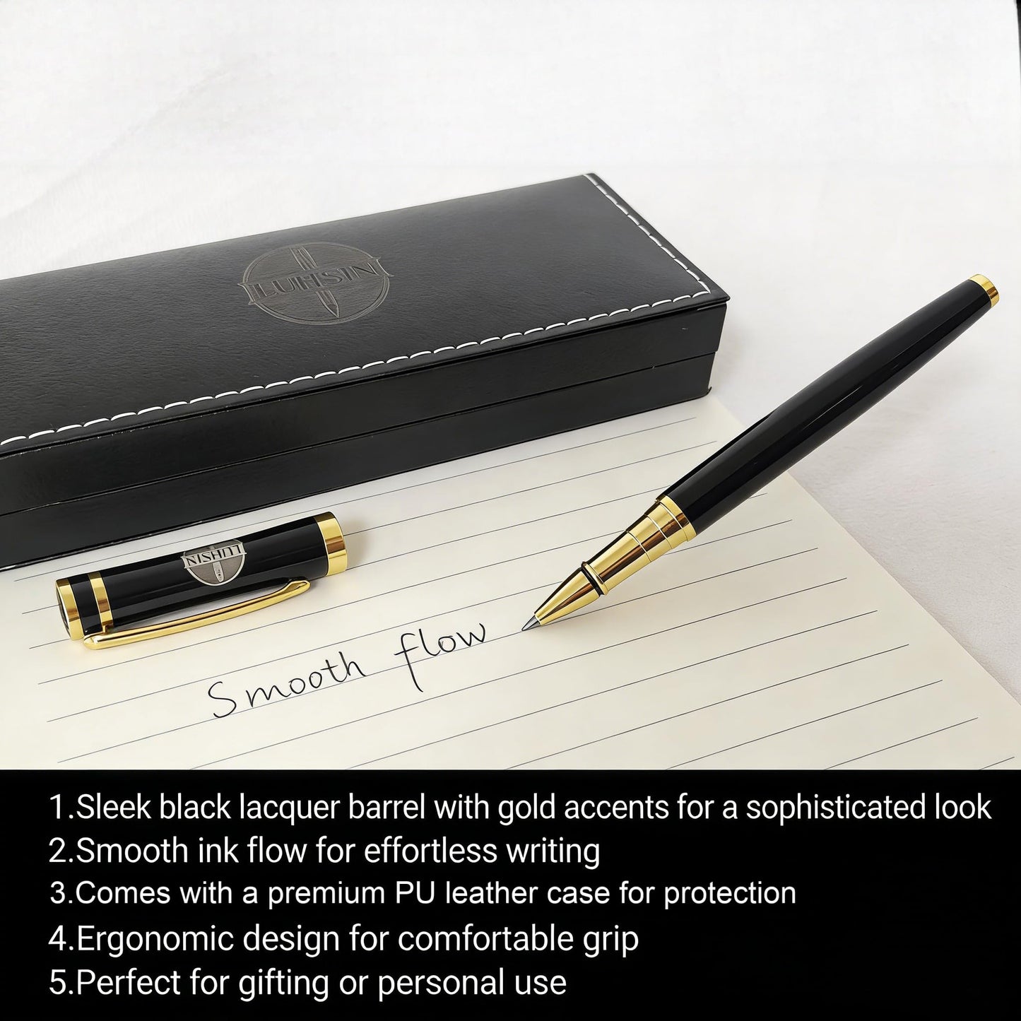 LUHSIN Premium Black Lacquer Rollerball Pen - Luxury Writing Instrument Gift Set for Men Women, Executive Business Pen with Smooth Writing, Professional Signature Pen for Office Corporate Gifts(Black)