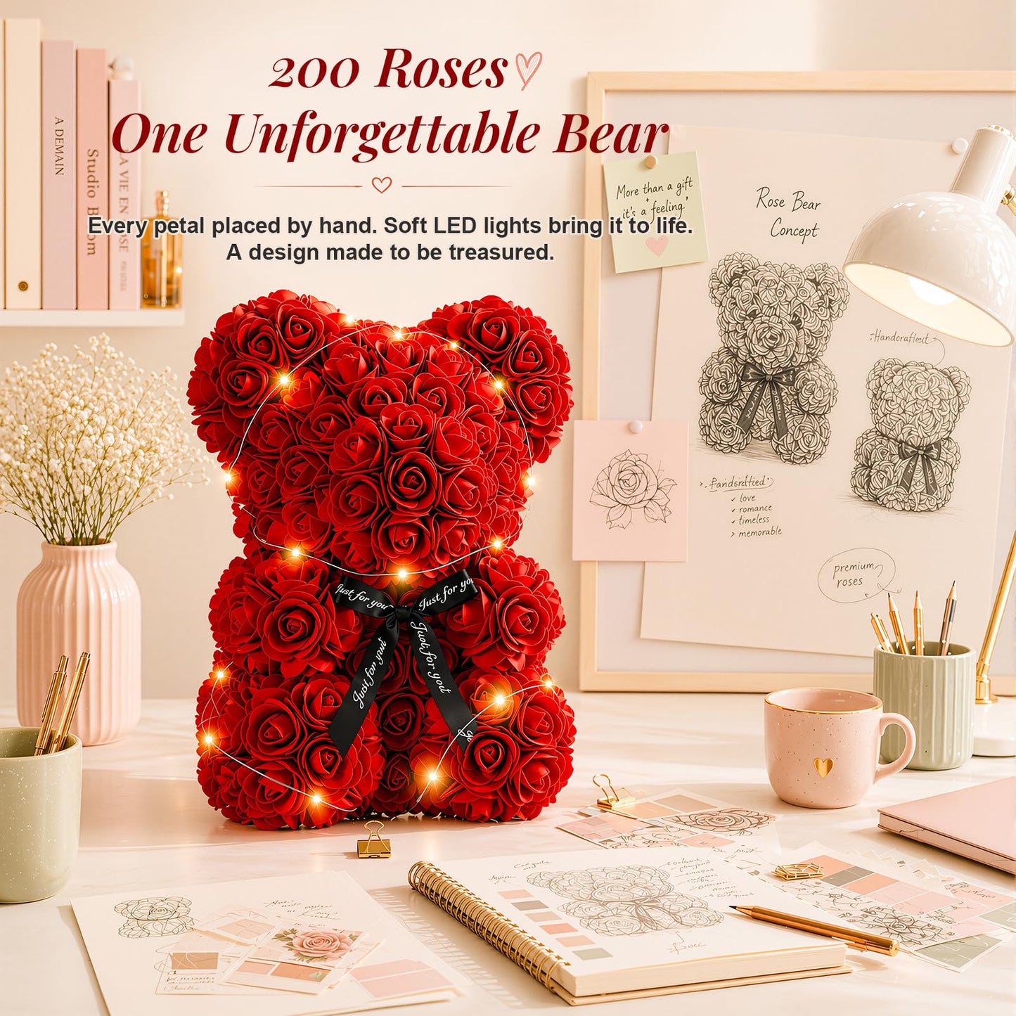 Otlonpe Bear Rose Flowers Light Up, Mothers Day Bear Gifts for Mom, Women Gifts Home Decorations for Christmas Valentines Mothers Day Birthday, for Her Mom Wife Girlfriend Daughter (Red)