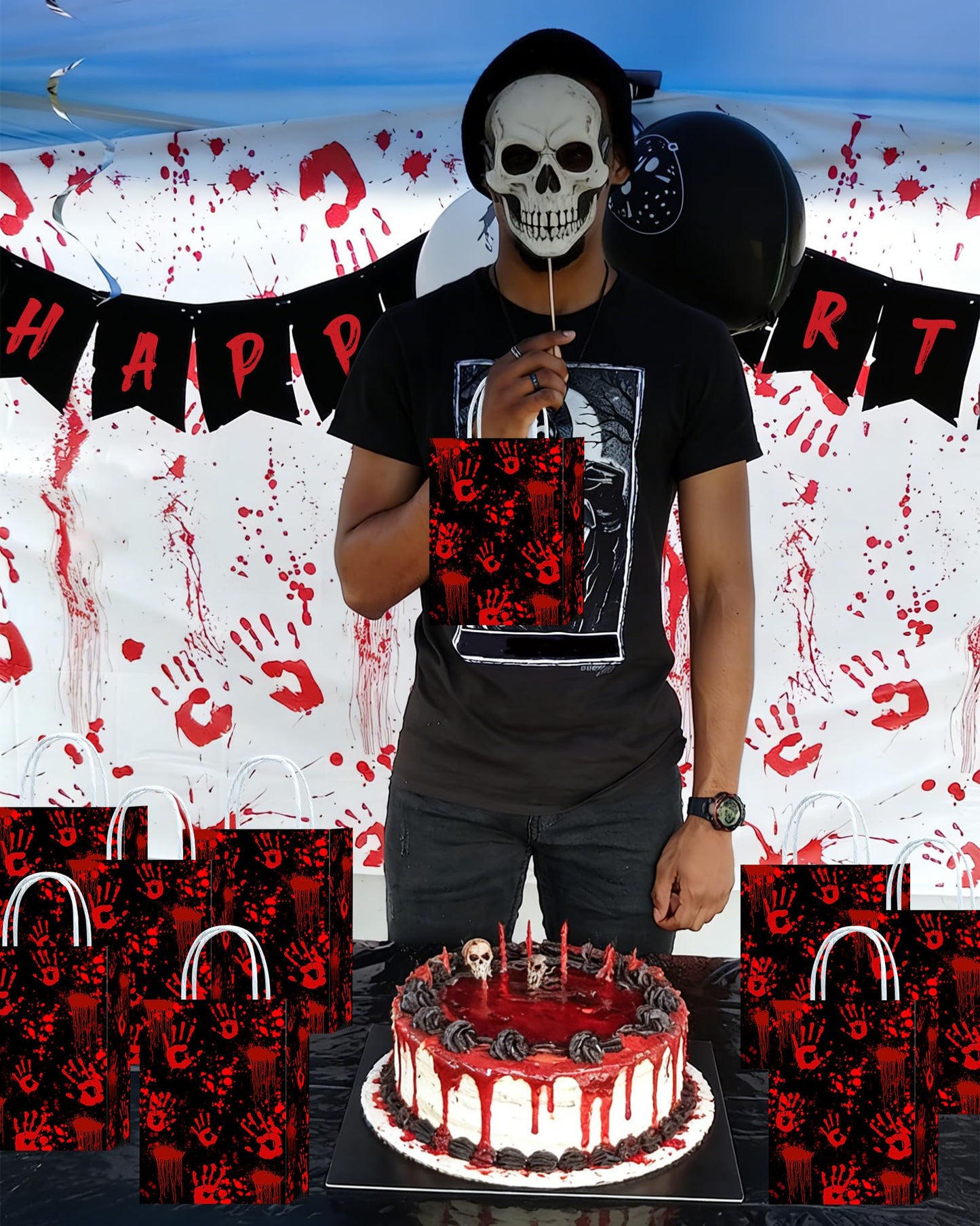 Roselush 16Pcs Bloody Goodie Gift Bags - Horror Bloody Handprint Party Favor Treat Bags for Bloody Birthday, Scary Movie Birthday Decorations, Serial Killer Halloween, Slasher Party Decorations