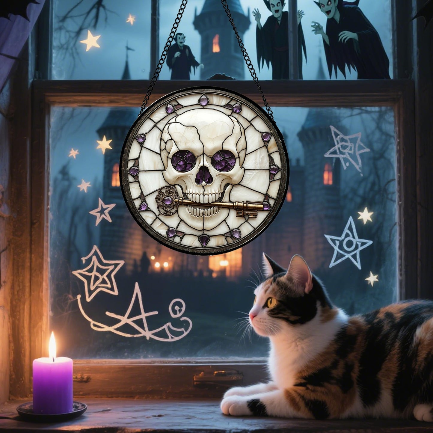 CRISGIF Stained Glass Window Hanging - Halloween Scary Skull Suncatcher for Doors Garden Home Spooky Purple Skeleton Key Sun Catchers Gothic Decor Horror Gifts for Women Men Friend Boy Girl 6.3 in