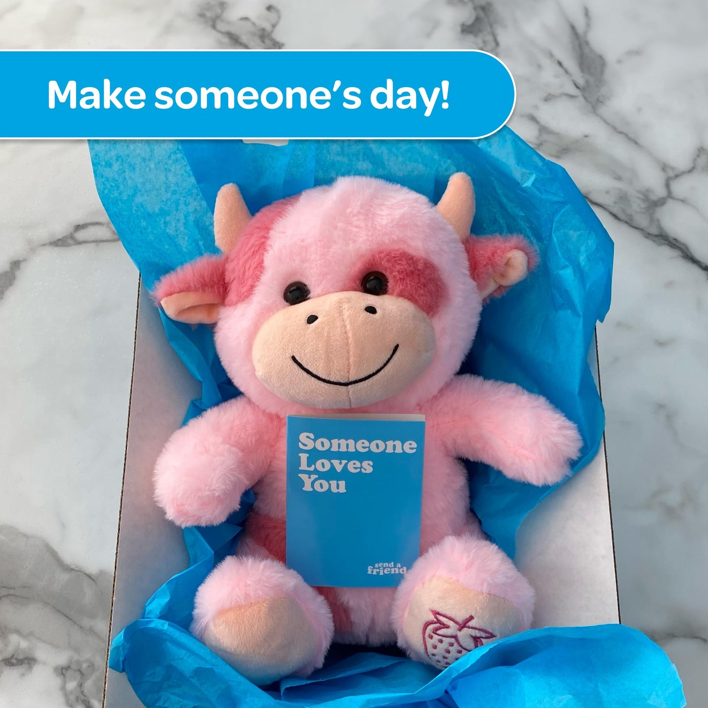 SendAFriend Sally The Strawberry Cow Stuffed Animal Care Package, Someone Loves You Box, Great Gift for Any Reason (Love You Notecard)