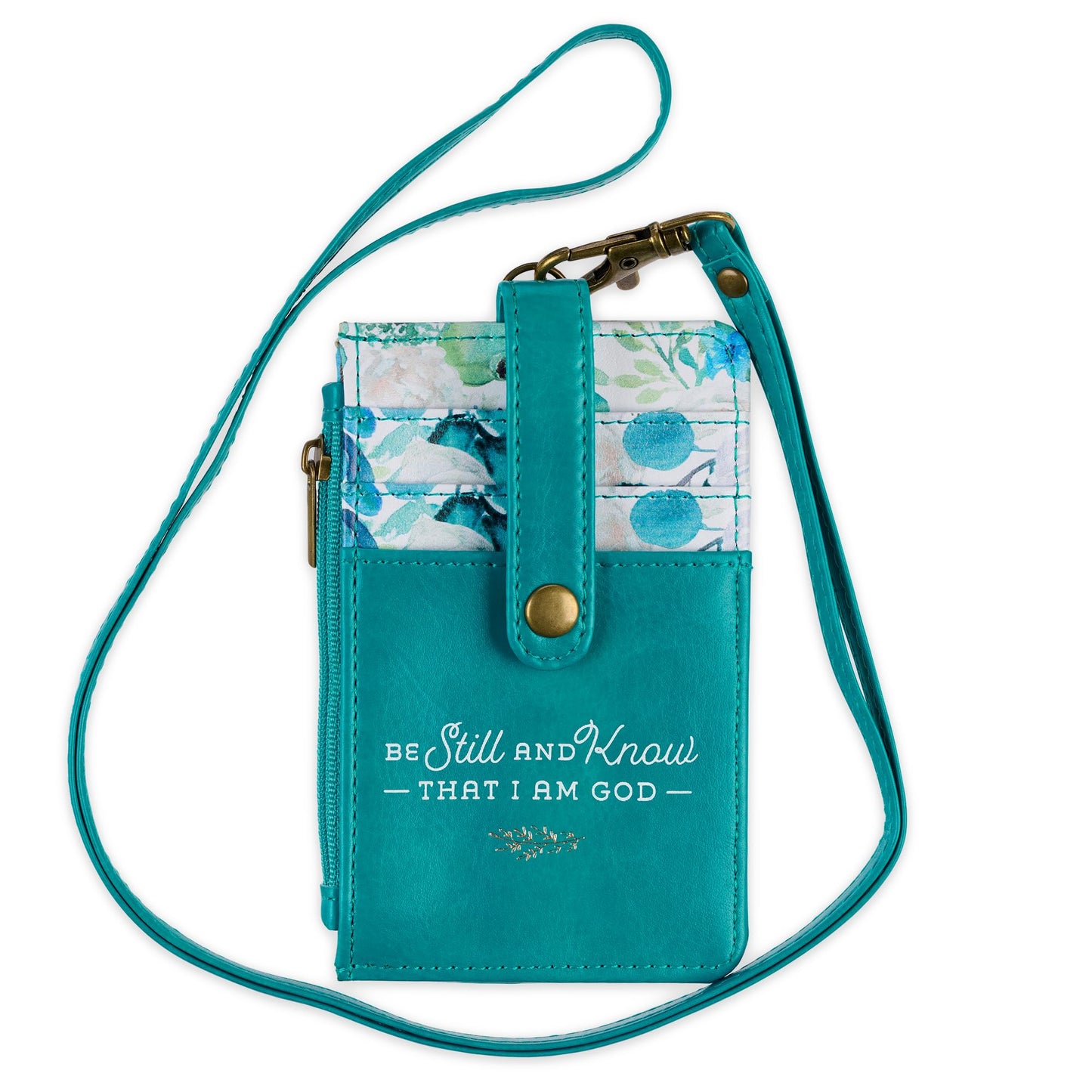 Christian Art Gifts Women's Slim Zipper ID Badge Card Holder: Be Still & Know - Psalm 46:10 Inspirational Bible Verse w/Detachable Neck Strap Lanyard, Coin Purse Pocket, Vegan Leather, Floral Teal