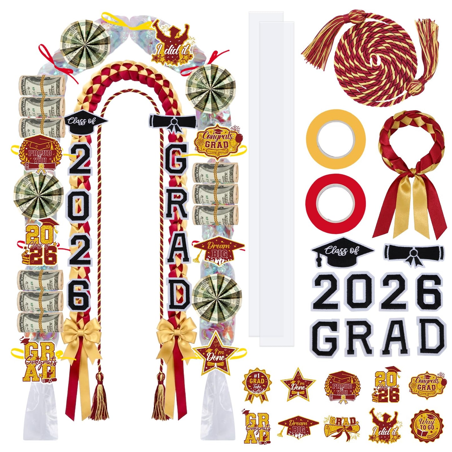 Hamdwerk Candy Leis for Graduation 2026, 36Pcs Graduation Leis Class of 2026, Graduate Ribbon Lei Making Kits with Honor Cord Patches Cards, Red Gold Double Lei Necklace Decorations Graduation Gift