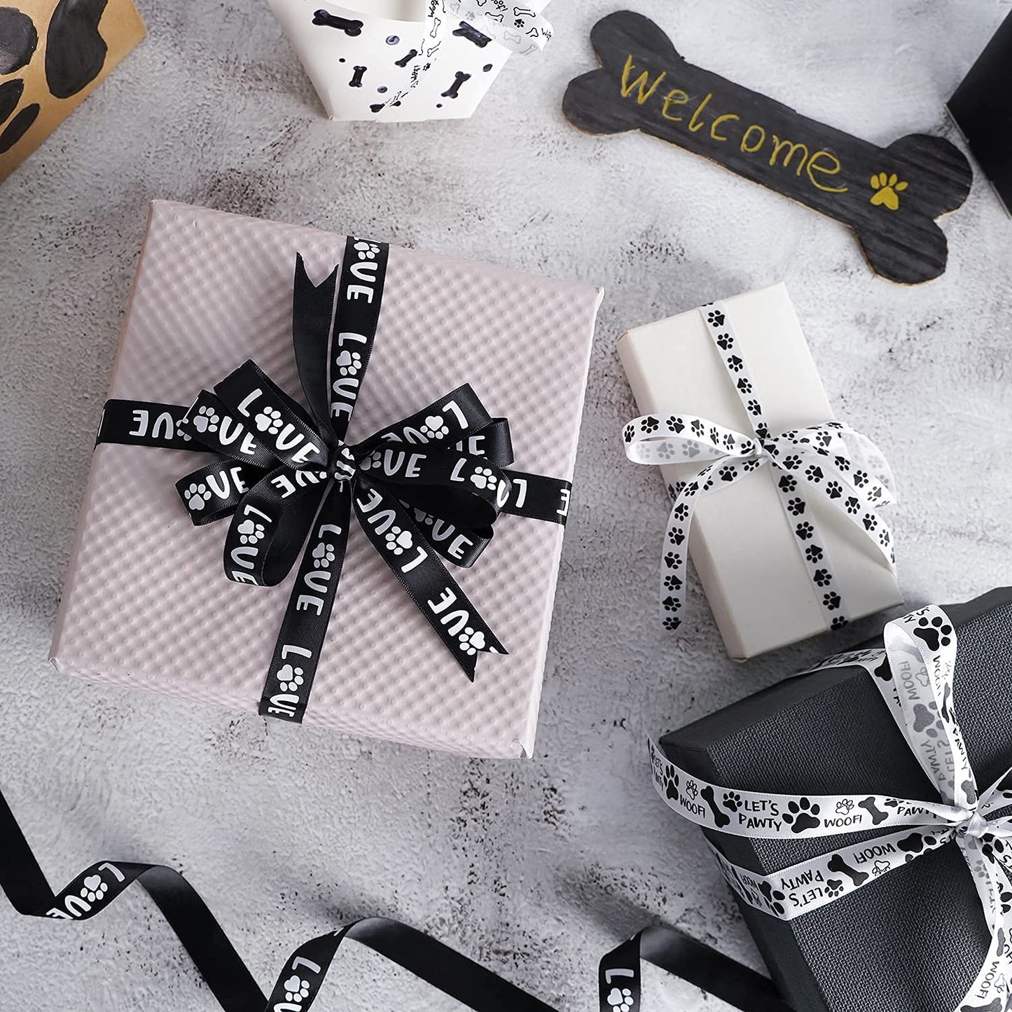 HUIHUANG Paw Print Bone Satin Ribbon Assortment - Black and White, 3/8" & " 5/8" Inch, 10 Rolls 50 Yards - Assorted Ribbon for Crafts, Dog Party Supplies, Gift Wrapping & Decoration