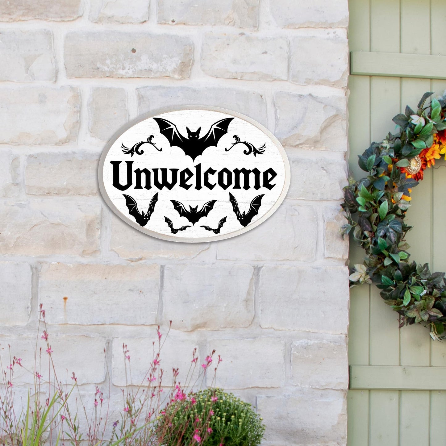 5" x 7" Gothic Wooden Hanging Sign - Unwelcome - Funny Hanging Plaque Decor For Room Office Party Wall - Dark Bats Wall Art Gifts For Family & Friends - A04