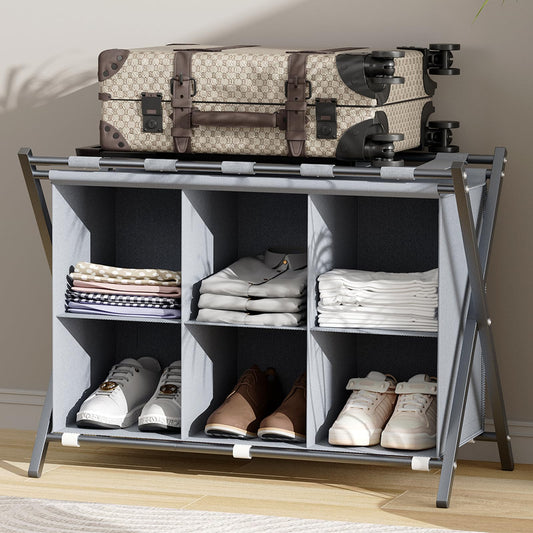 Huhote Luggage Rack for Guest Room, Folding Suitcase Stand with 6-Cube Fabric Storage Shelf, Luggage Holder, Steel Foldable Luggage Stand for Guest Room, Bedroom, Hotel, Grey