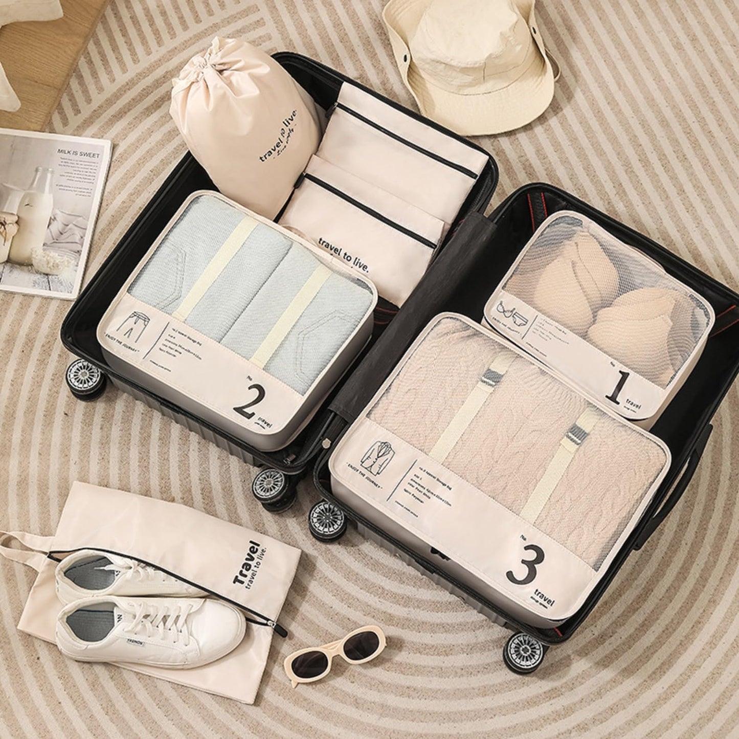 Packing Cubes for Suitcases, 7 Set Packing Cubes for Travel Women, Travel Luggage Packing Organizers, Travel Essentials Luggage Organizer Bags, for Suitcases Durable Travel Essentials Bags Set (beige)