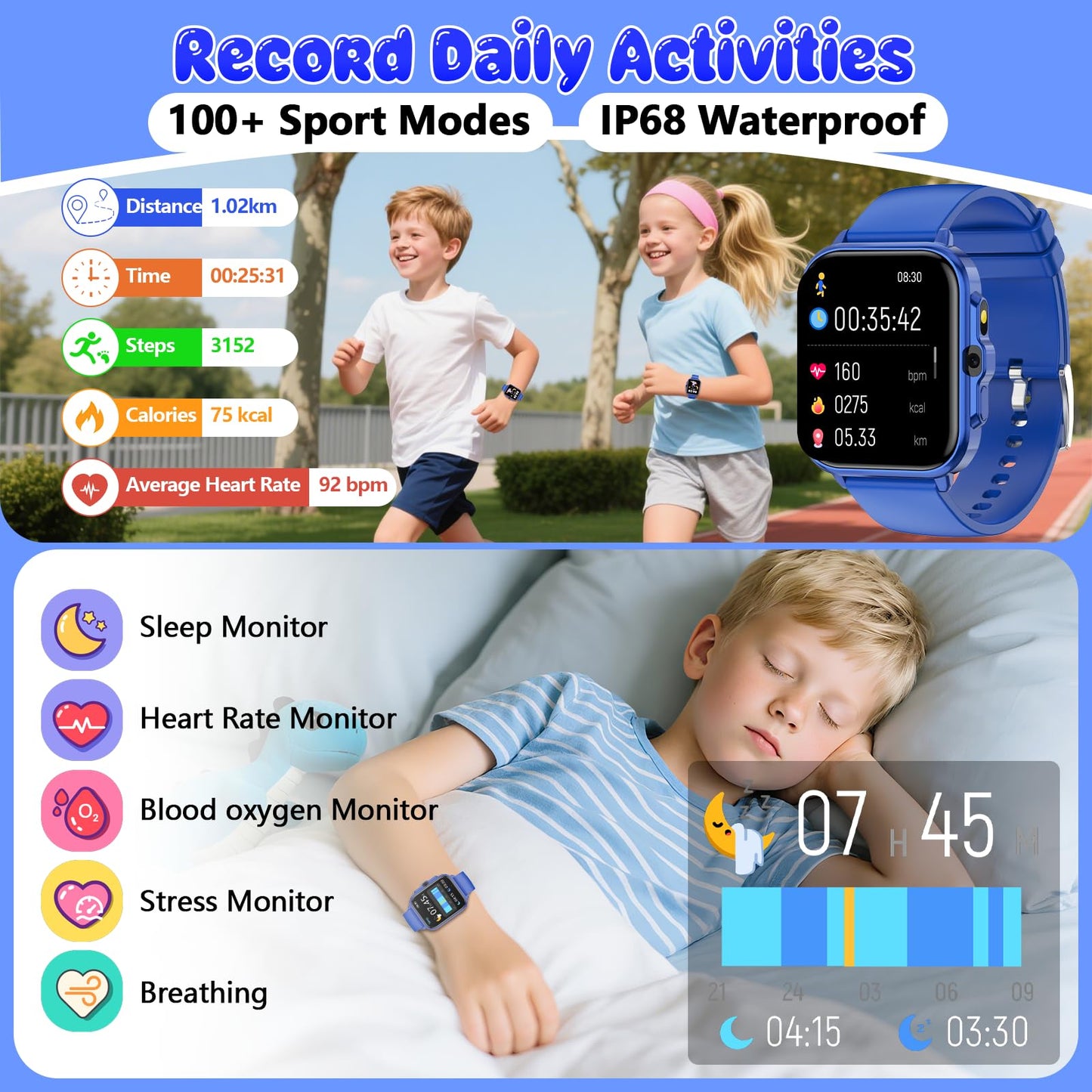 Kids Watch, 1.85" Fitness Tracker Pedometer, Heart Rate, Sleep Monitor, NO APP/Phone, Alarm Clock, Smartwatches with Video Music, IP68 Waterproof, Puzzle Games, Gift for Boy Girl, Smart Watch for Kid