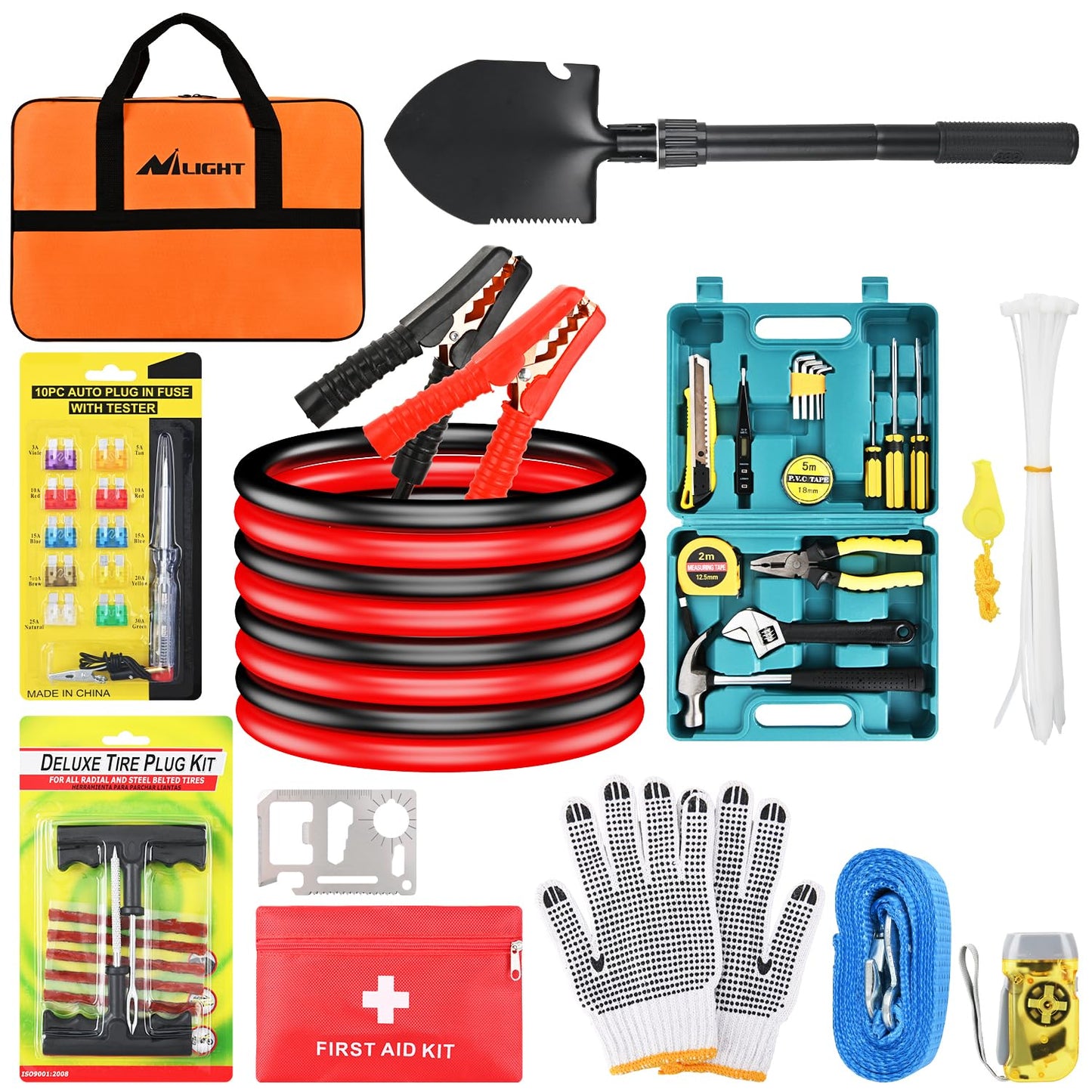 Nilight Car Emergency Kit with Jumper Cable, Foldable Shovel and Tow Rope, Safety Assistance for Travel Camping Outdoor Cars Truck SUV RV, Roadside Essentials with Tool Sets Tire Repair Fuse Kit