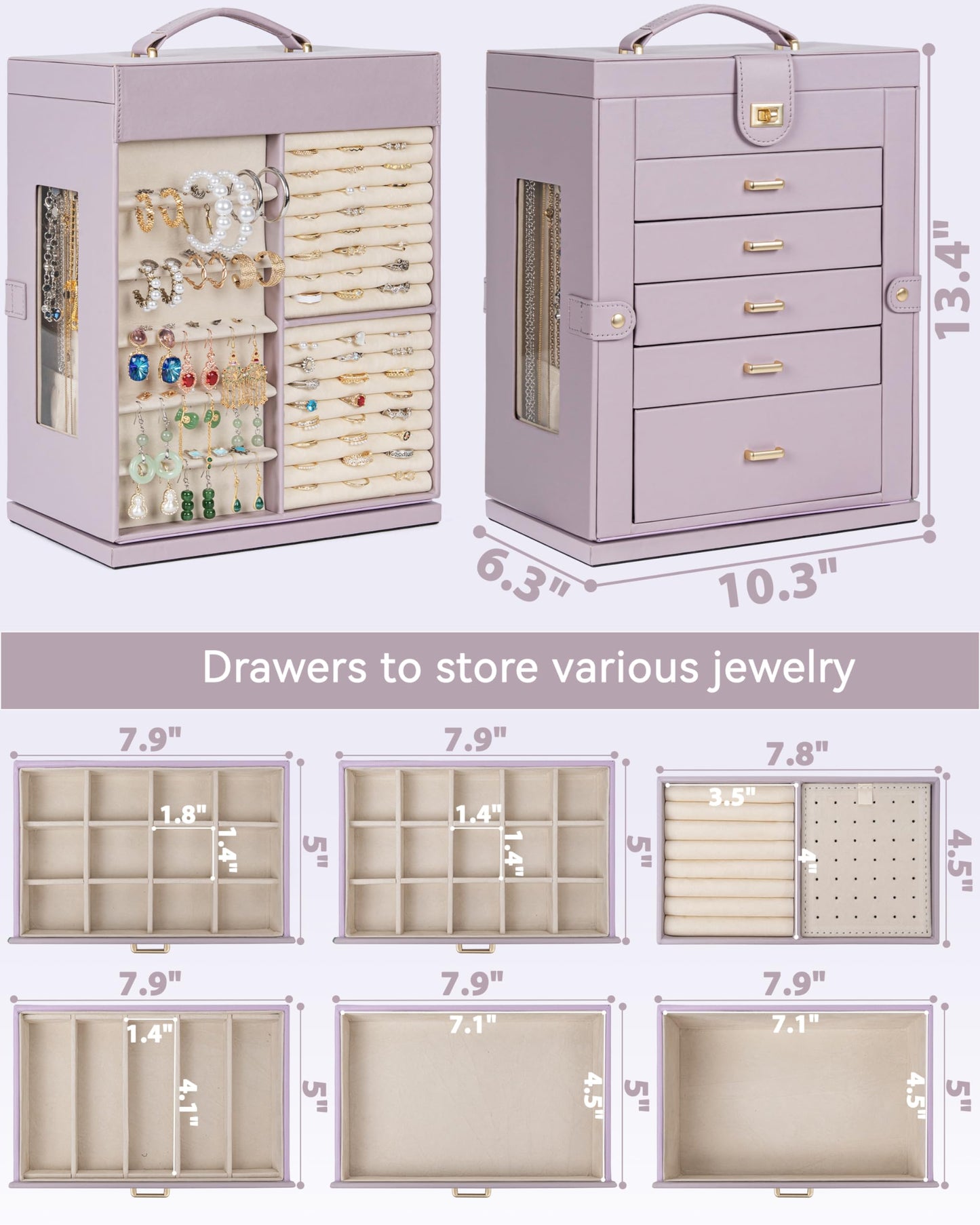 AKOZLIN 360° Rotating Jewelry Box 6-Tier Organizer Functional Jewelry Storage Case for Women Girls Ring Necklace Earring Bracelet Holder with Mirror Purple