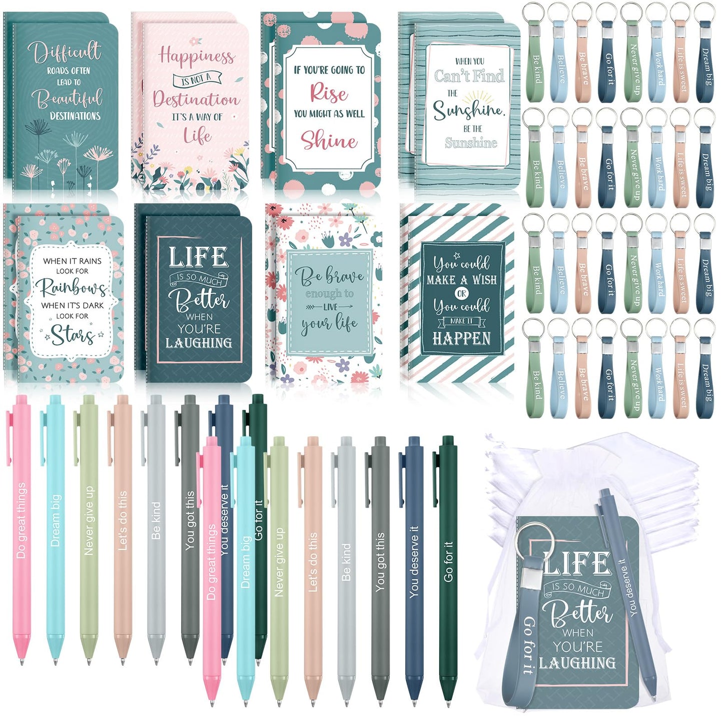 Pajean 128 Pcs Inspirational Gifts Bulk Motivational Notebooks Journal Ballpoint Pens Positive Keychains Organza Bags for Students Teachers Employee School Office Prizes Favors Supplies(Simple)