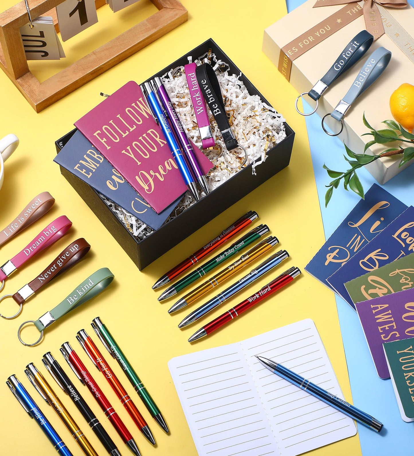 PerKoop 48 Pcs Inspirational Gifts Set Inspirational Quote Notepads 3 x 5 Inch Motivational Ballpoint Pens Keychains Bulk Colorful Journal Notebooks for School Office Party Favor Supplies