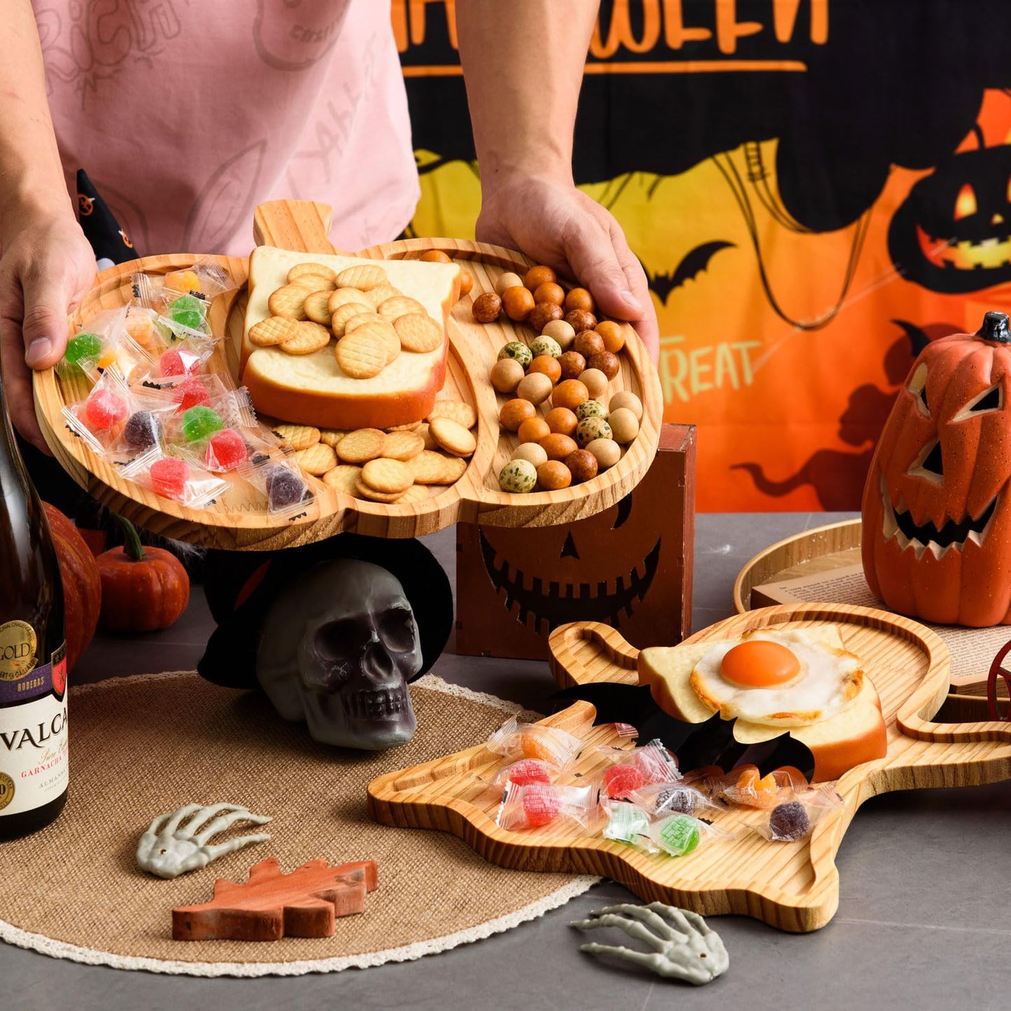 FOBSME 2 Pcs Halloween Wooden Charcuterie Boards Pumpkin and Ghost Shape Serving Platters Fall Wood Serving Trays Decorative Wooden Snack Dish Plates for Halloween Autumn Holiday Housewarming Presents