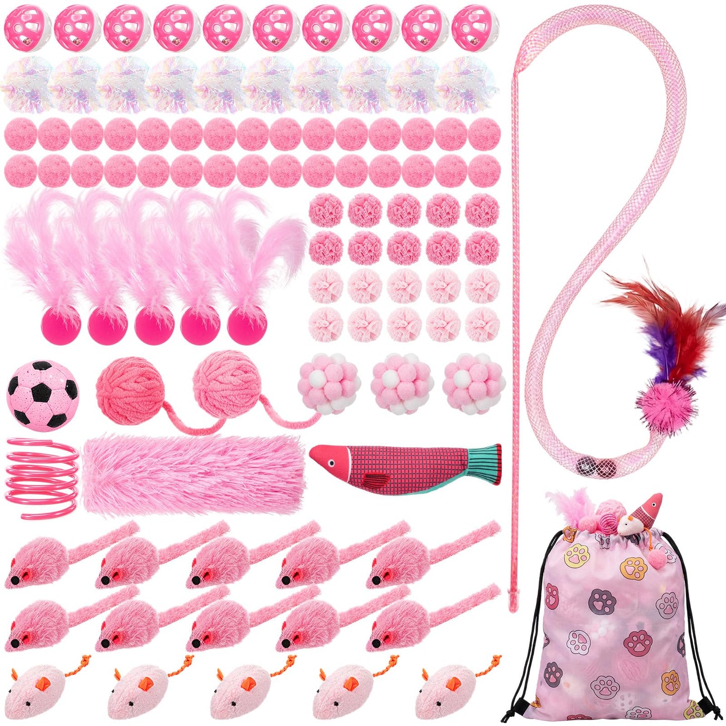 Leitee 101 Pcs Cat Interactive Toys Set with 1 Cat Paw Gift Storage Bags Feather Teaser Wand Springs Mice Fish Crinkle Balls Bell Balls Pillow, Puzzle Toys for Cats Gift Indoor (Pink)