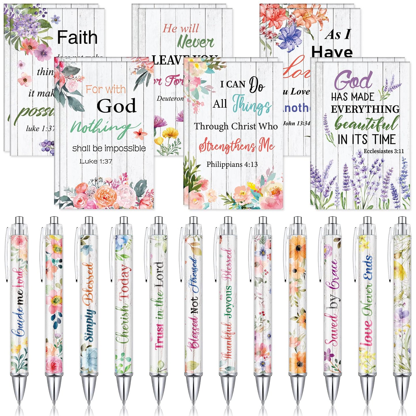 Colarr 12 Sets Christian Bulk Gifts for Women Bible Verse Pens Notebooks Religious VBS Scripture Ballpoint Pens Bookmarks Journal for Easter Sunday School Church Inspirational Supply(Floral)