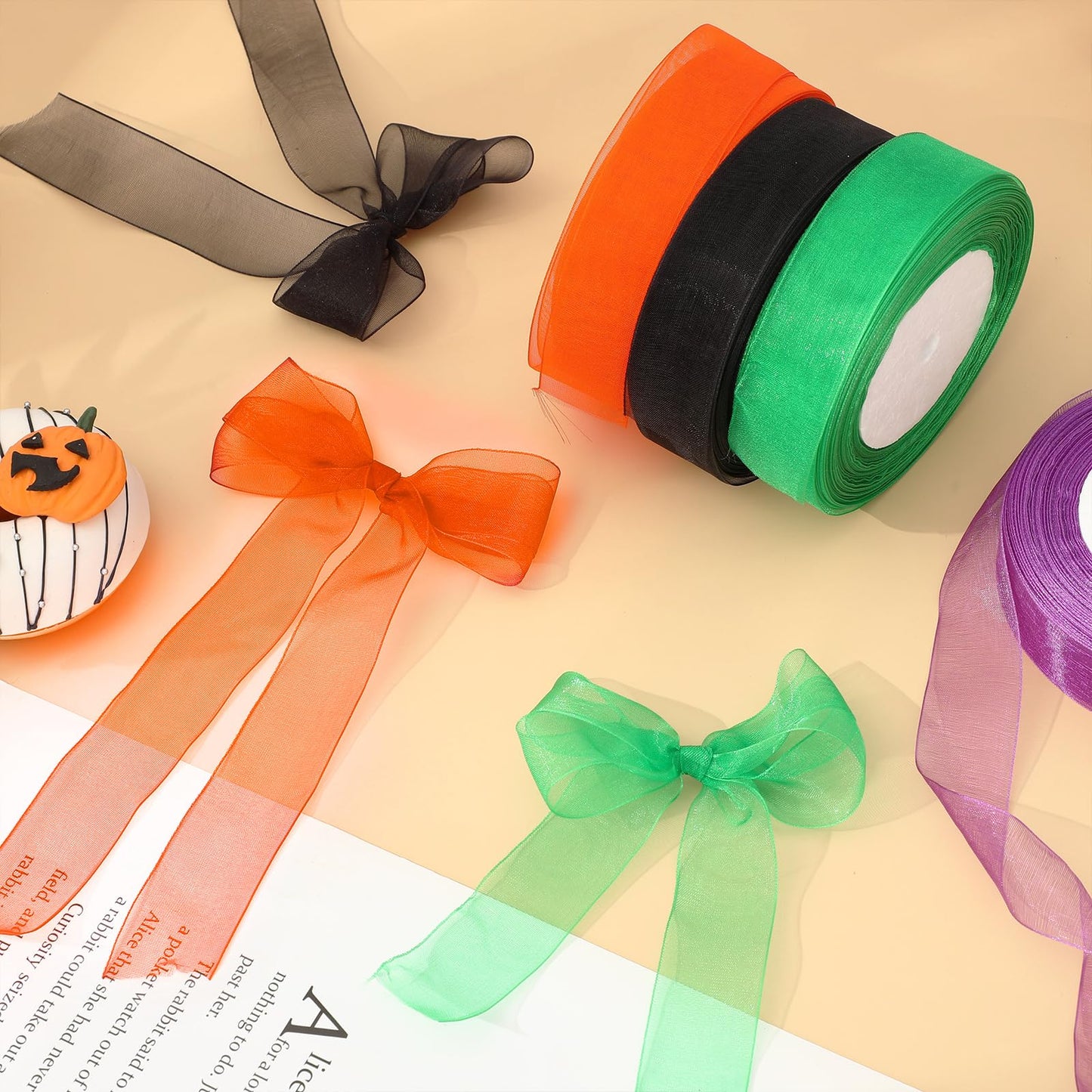 JarThenaAMCS 4 Rolls 200 Yard Halloween Sheer Chiffon Ribbon 1 Inch Organza Wrapping Ribbon Black Orange Green Purple Fabric Ribbon for DIY Crafts Bow Wreath Making Supplies