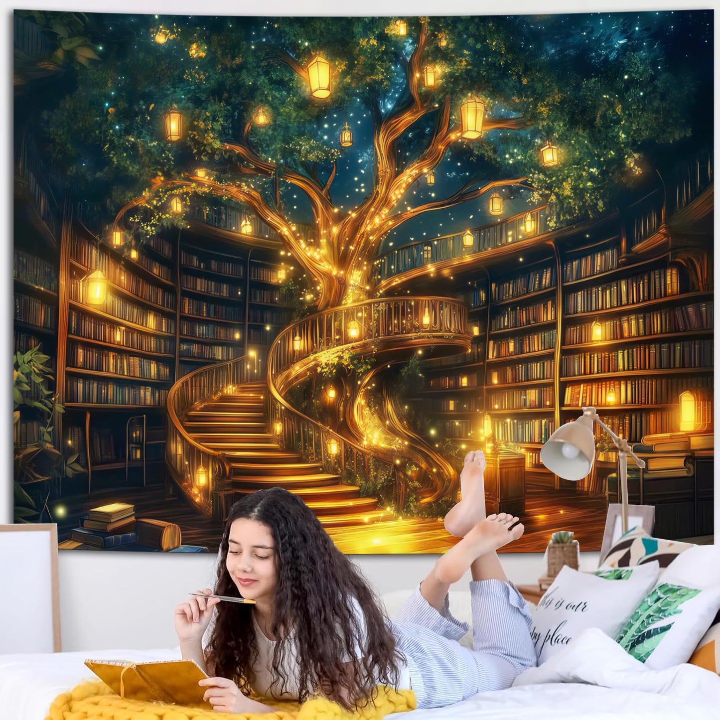 Miytal Enchanted Tree Library Tapestry – Magical Bookshelf Reading Room Wall Hanging, Cozy Literary Art Decor for Bedroom, Living Room, or Study - 51.2'' x 59.1''