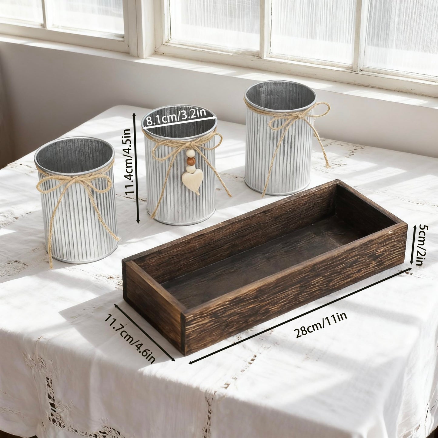 CANCLEAR Artificial Baby’s Breath (Gypsophila) Centerpiece — 3-Metal-Pot Rustic Table Decor on Wooden Tray, Faux Gypsophila Bouquet for Home, Wedding, Party, Living Room & Dining Table Decor