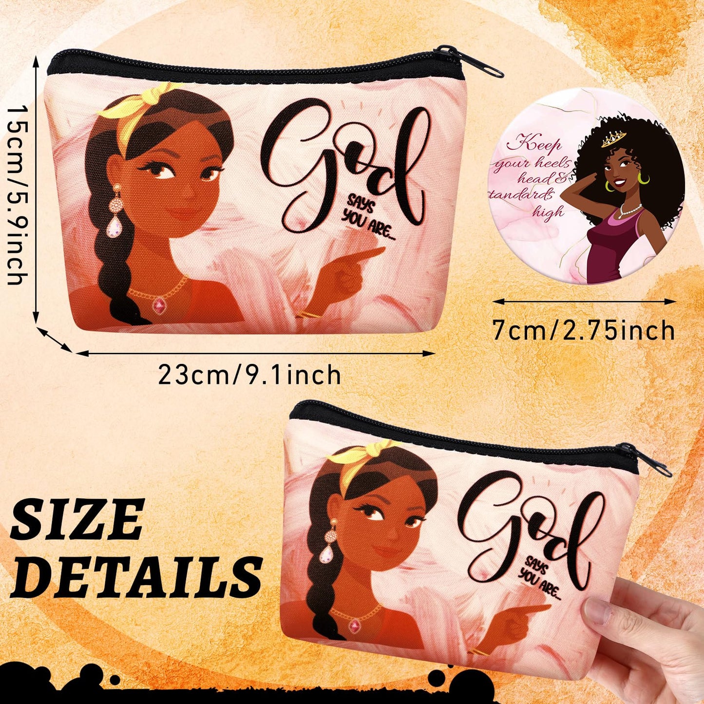 Kacctyen 20 Pcs Black Africa Inspirational Gifts Canvas Cosmetic Bags Compact Mirrors Makeup Bags Thank You Travel Toiletry Pouch Bulk Mothers Day Gifts for Women Teacher Coworker Employee