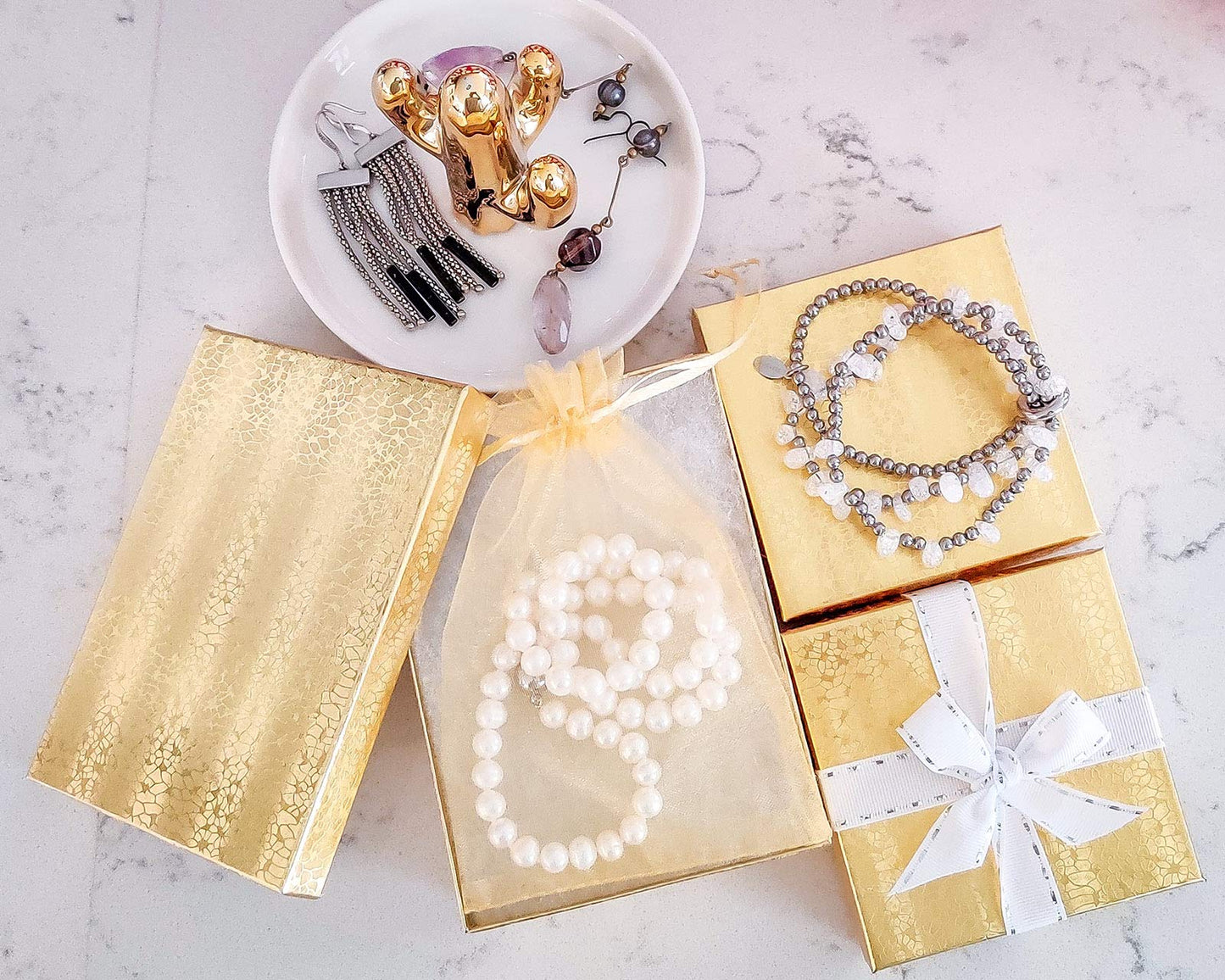 TheDisplayGuys - 25-Pack #21 Cotton Filled Cardboard Paper Jewelry Boxes Gift Case - Gold Foil (2.6" x 1.6" x 1.0") - for Shipping or Storage