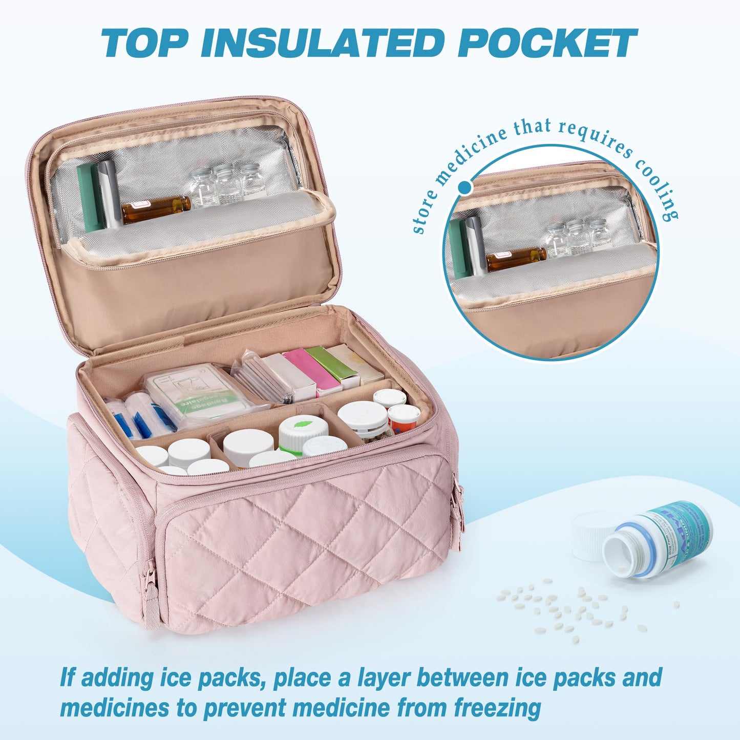 Marscamd Medicine Organizer Bag with Insulated Pocket for Travel, Pill Bottle Storage Case with 4 Customized Dividers for Medication, Insulin and First Aid Supplies, Pink (Bag ONLY)
