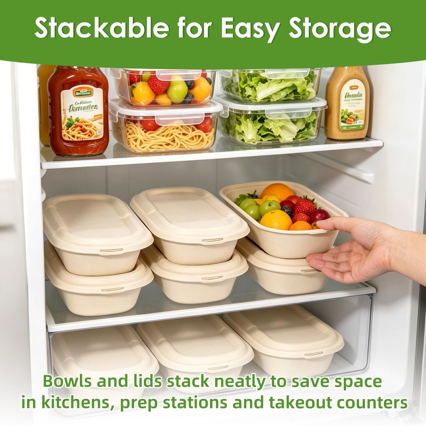 FEHHTO 50-Pack 30oz Disposable Meal Prep Containers with Lids, Sugarcane Pulp Compostable Food Containers + 50 Bamboo Forks, To-Go Food Containers, Microwave & Freezer Safe for Hot or Cold Foods