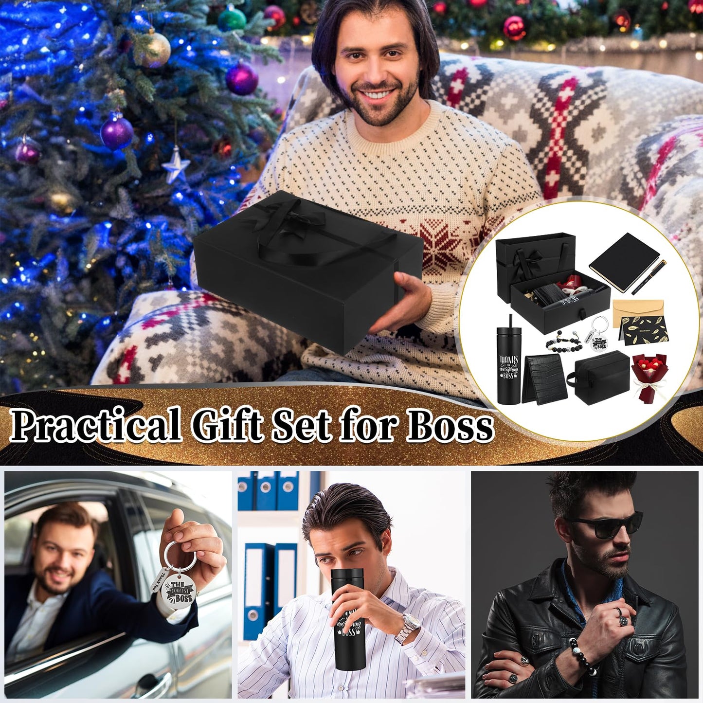 Sunnymove 10 Pcs Best Boss Gifts Set for Men, Bosses Birthday Appreciation Thank You Office Gift Set with Tumbler Wallet Bracelets Keychain for Manager Leader(Cool)