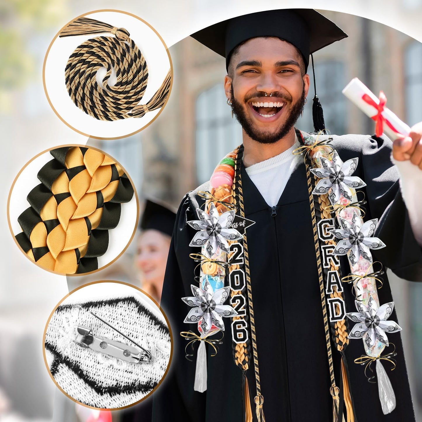 YLOLUL 16 Pcs Graduation Leis 2026 Graduation Candy Lei Kit with Honor Cord Class of 2026 Graduation Ribbon Money Lays Necklace Graduation Gift Party Accessories for Women Men