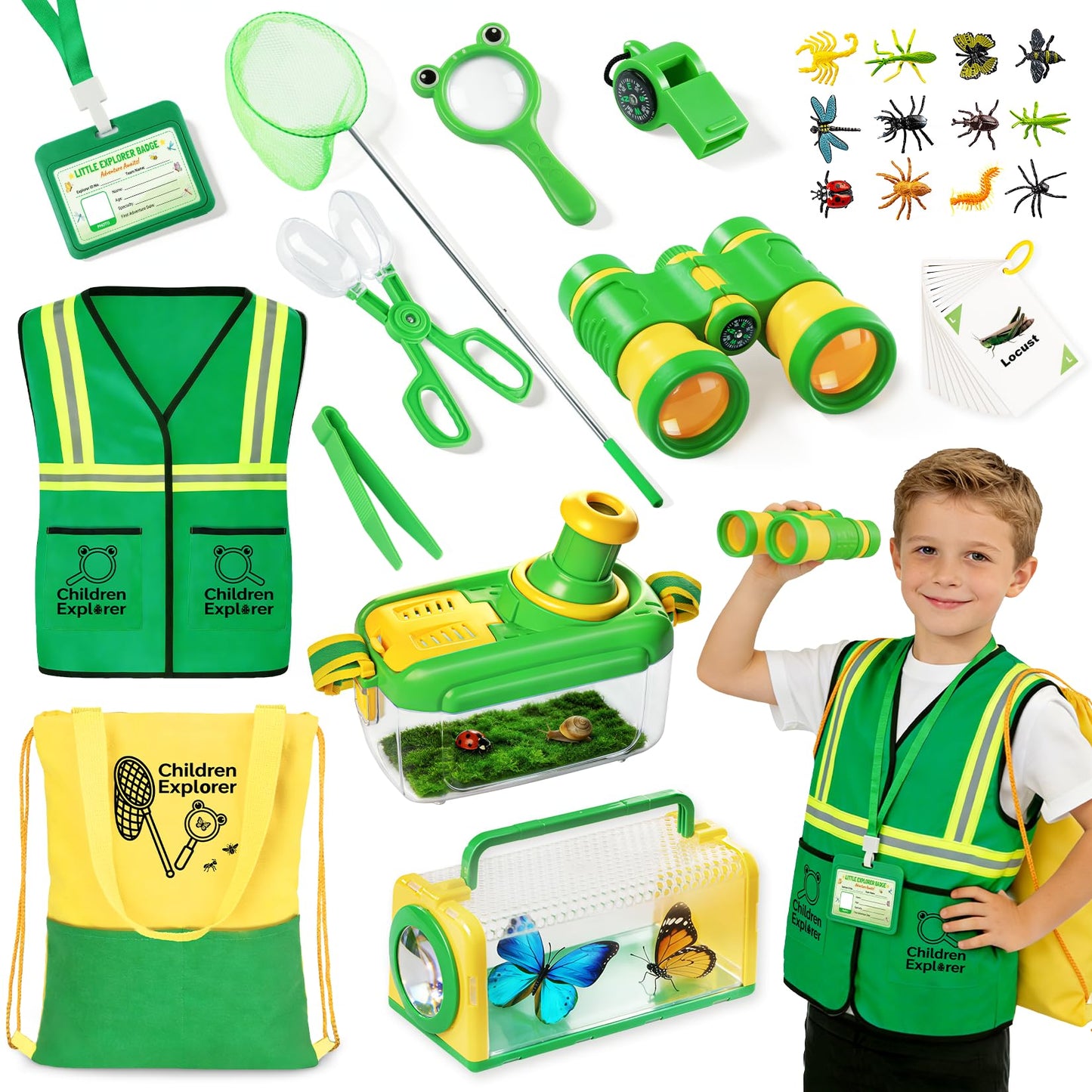 Toycost Kids Explorer Kit & Bug Catcher Kit with Vest, Carry Bag, Binoculars,Observation Jar, Butterfly Net, Magnifying Glass, Outdoor Nature Exploration STEM Toys Camping Gift for Boys Girls Ages 3-7