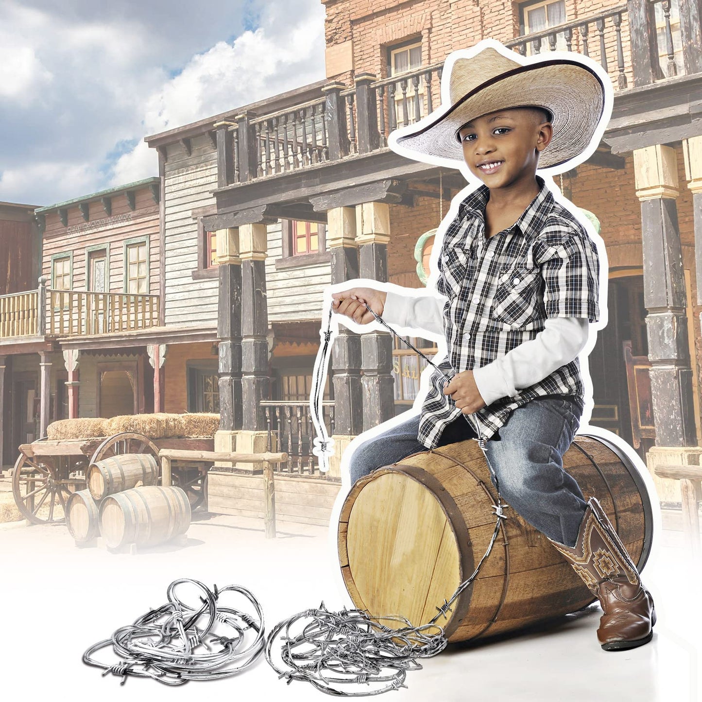 Taiyin 4 Pcs 32.8 Foot Fake Barbed Wire Rusted Western Props Decor Plastic Faux Wire Wreath Ornaments for Cowboy Cowgirl Party (Silver)