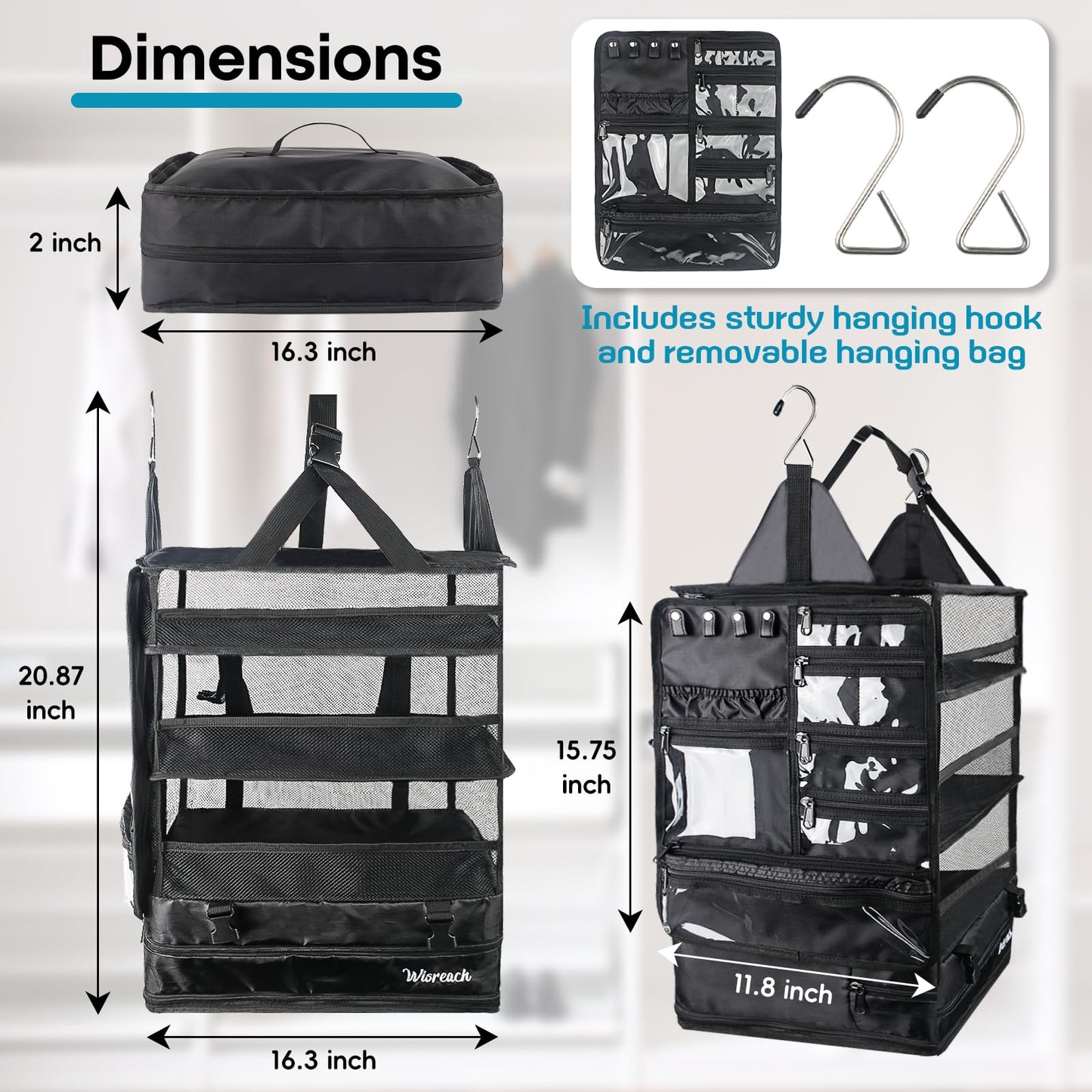 Wisreach Hanging Suitcase Organizer & Travel Shelves, Packing Cubes for Travel, Suitcase Organizer for Carry-on Luggage, Easy Packing & Wrinkle-Free Clothes, Black (Fits Most Travel Bags)