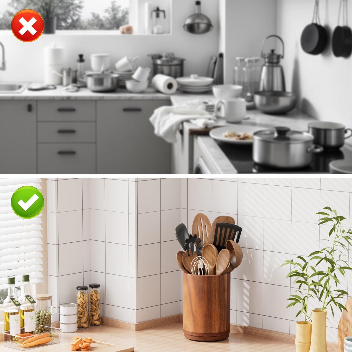 ZUJJAFY Utensil Holder, 360° Rotating Acacia Wood Kitchen Utensil Holder for Counter, 7.2" Large Cooking Utensil Crock for Countertop, Wooden Utensils Organizer for Cooking Spatula Storage